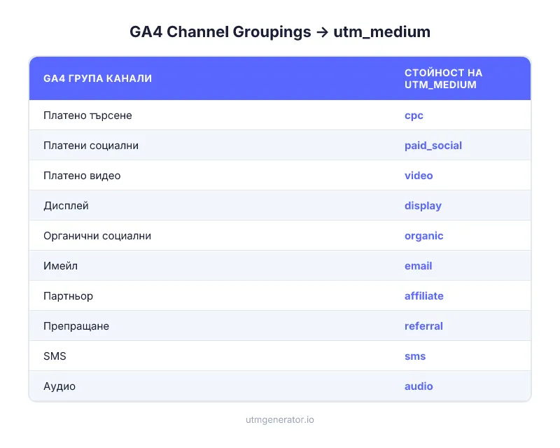 Групи канали по подразбиране в GA4 картографирани към правилните стойности на utm_medium