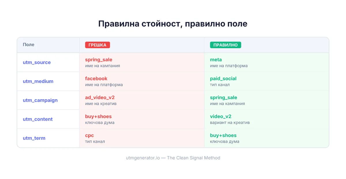 Сравнение, показващо правилно vs неправилно поставяне на UTM полета за маркетинг кампании