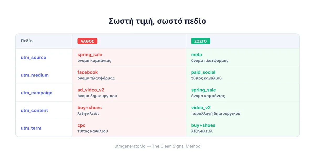 Σύγκριση που δείχνει σωστή vs λάθος τοποθέτηση UTM πεδίων για καμπάνιες marketing