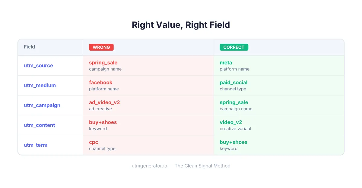 Comparison showing correct vs incorrect UTM field placement for marketing campaigns