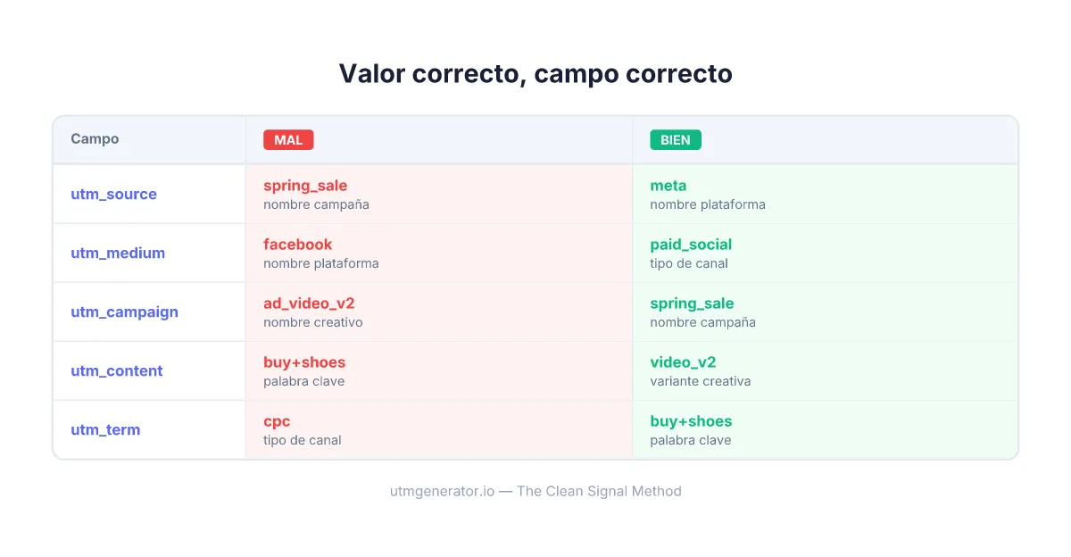 Comparación mostrando la ubicación correcta vs incorrecta de campos UTM para campañas de marketing