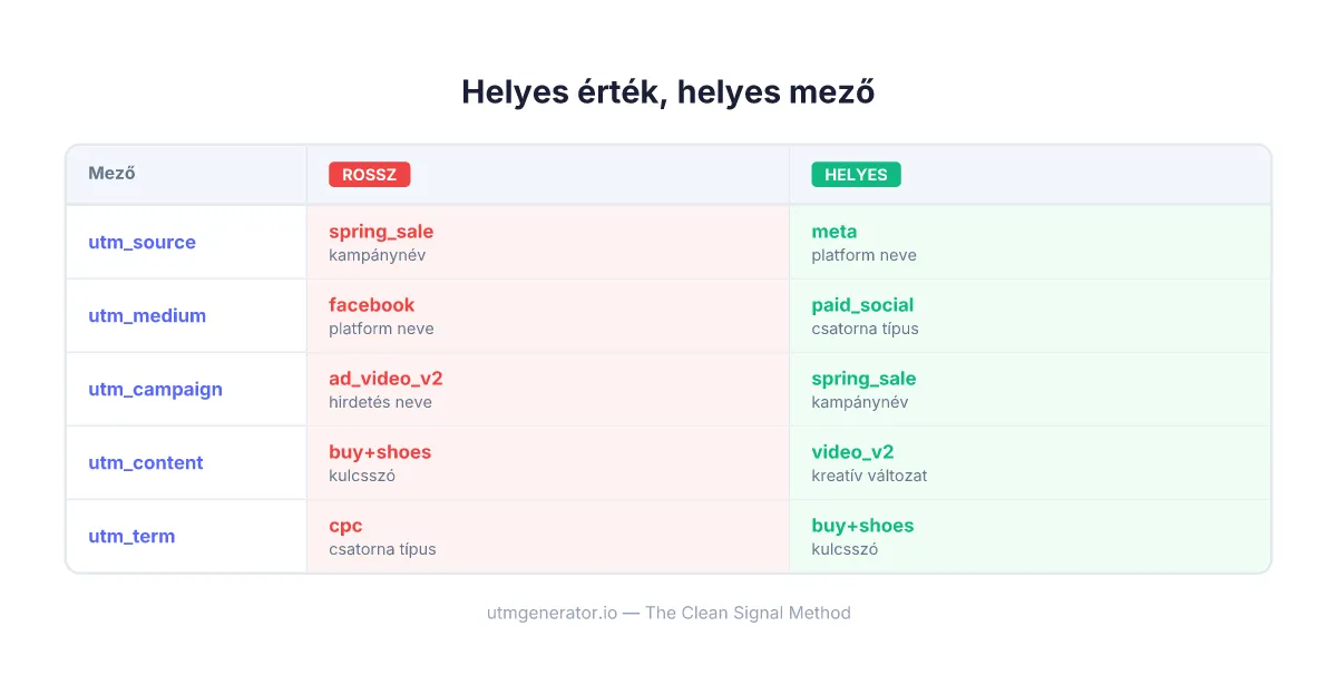 A helyes és helytelen UTM mezőelhelyezés összehasonlítása marketingkampányoknál