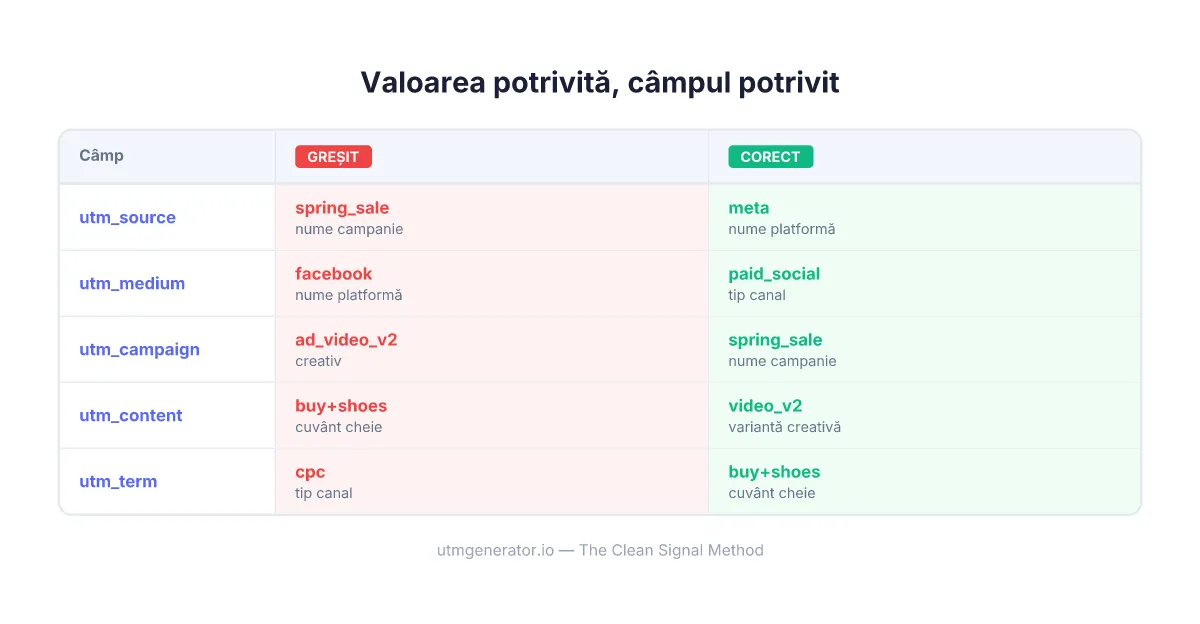 Comparație care arată plasarea corectă vs incorectă a câmpurilor UTM pentru campanii de marketing