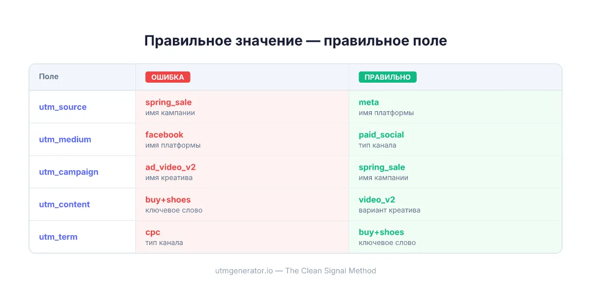 Сравнение правильного и неправильного размещения UTM-полей для маркетинговых кампаний