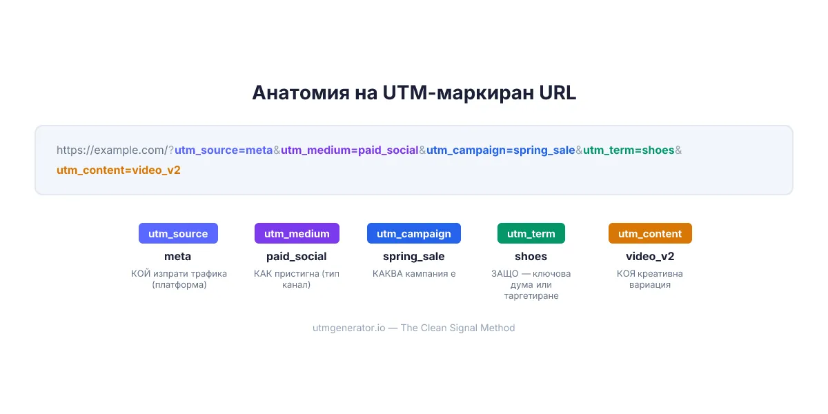 Анатомия на URL с UTM тагове, показващ всичките пет параметъра, оцветени в различни цветове