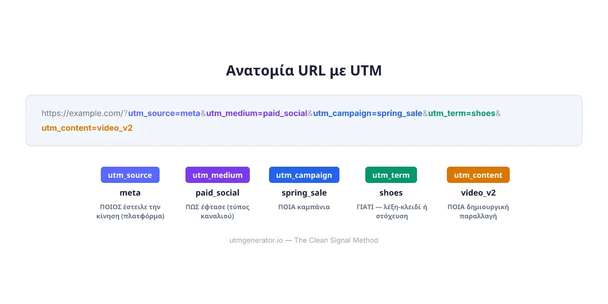 Ανατομία URL με UTM ετικέτες που δείχνει και τις πέντε παραμέτρους χρωματικά κωδικοποιημένες