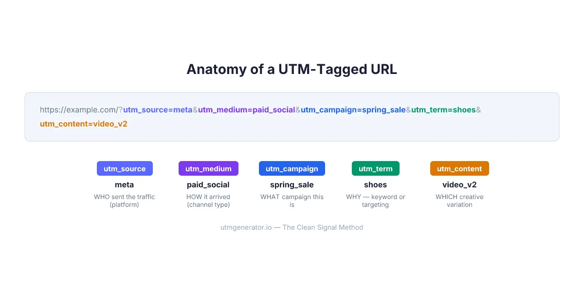 Anatomy of a UTM-tagged URL showing all five parameters color-coded