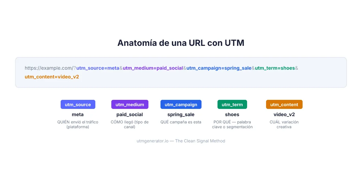 Anatomía de una URL con etiquetas UTM mostrando los cinco parámetros con código de colores