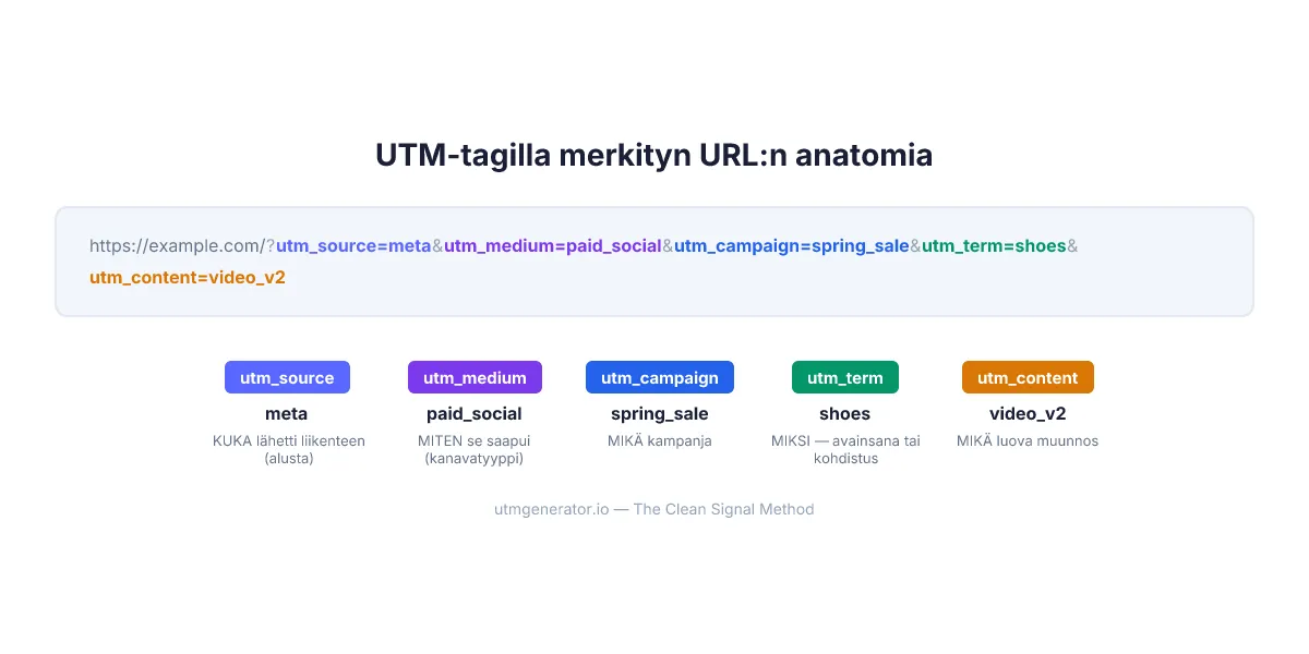 UTM-merkityn URL:n anatomia, jossa kaikki viisi parametria värikoodattuina