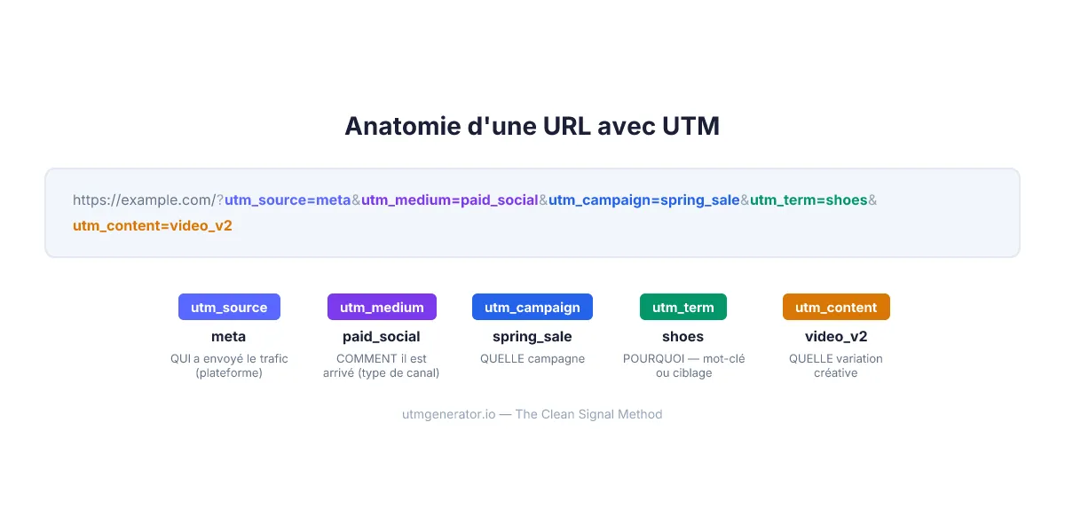 Anatomie d'une URL balisée UTM montrant les cinq paramètres avec code couleur