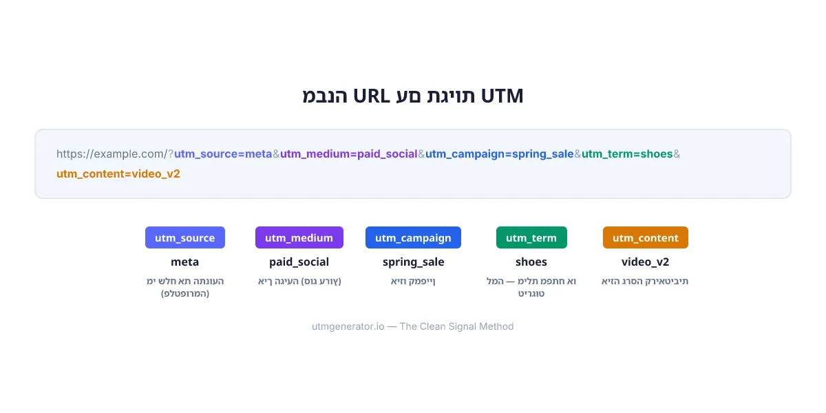 אנטומיה של URL מתויג UTM המציג את כל חמשת הפרמטרים בקידוד צבעים