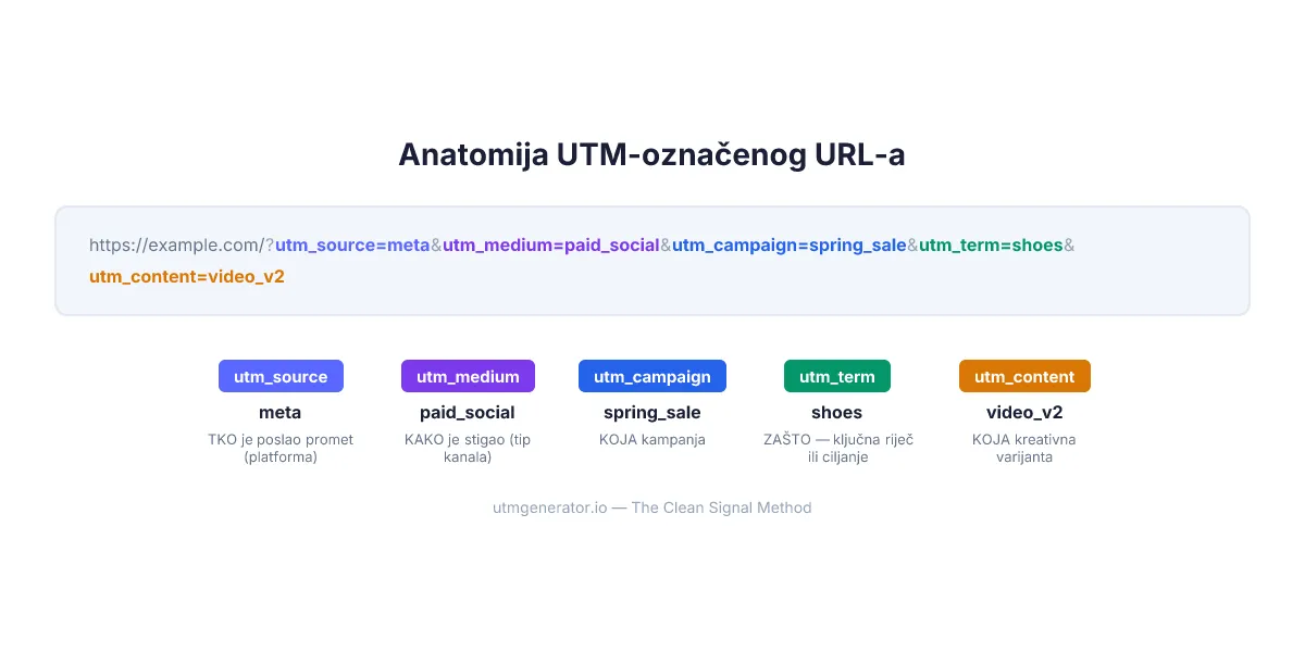 Anatomija URL-a s UTM oznakama koji prikazuje svih pet parametara označenih bojama