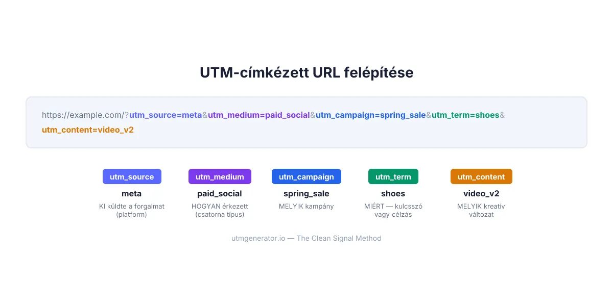 UTM-címkézett URL anatómiája — mind az öt paraméter színkódolva