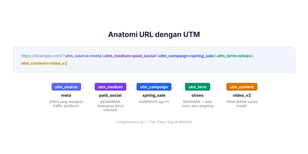 Anatomi URL bertag UTM yang menunjukkan lima parameter dengan kode warna