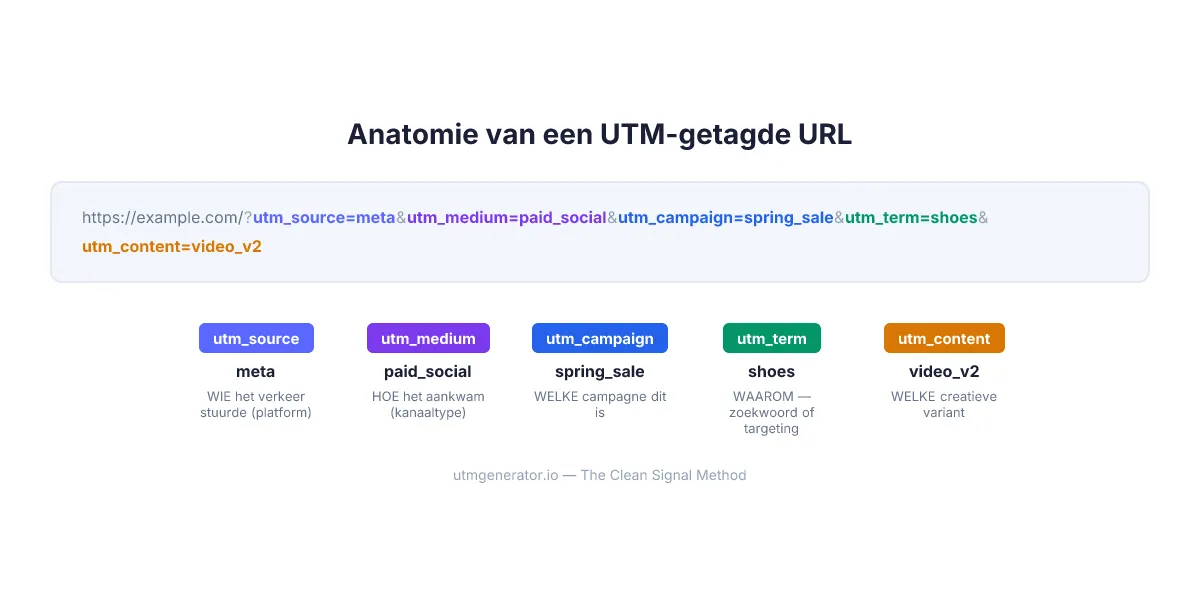 Anatomie van een URL met UTM-tags met alle vijf parameters in kleurcode