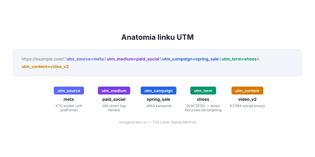 Anatomia adresu URL z parametrami UTM — wszystkie pięć parametrów oznaczonych kolorami
