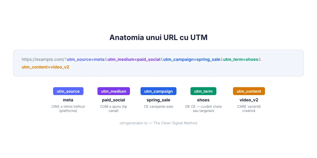 Anatomia unui URL etichetat UTM cu toți cei cinci parametri marcați cu culori