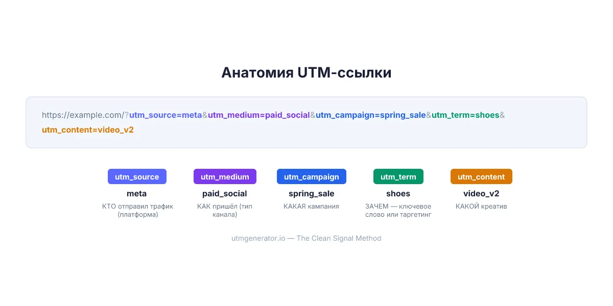 Анатомия URL с UTM-метками, показывающая все пять параметров с цветовой кодировкой