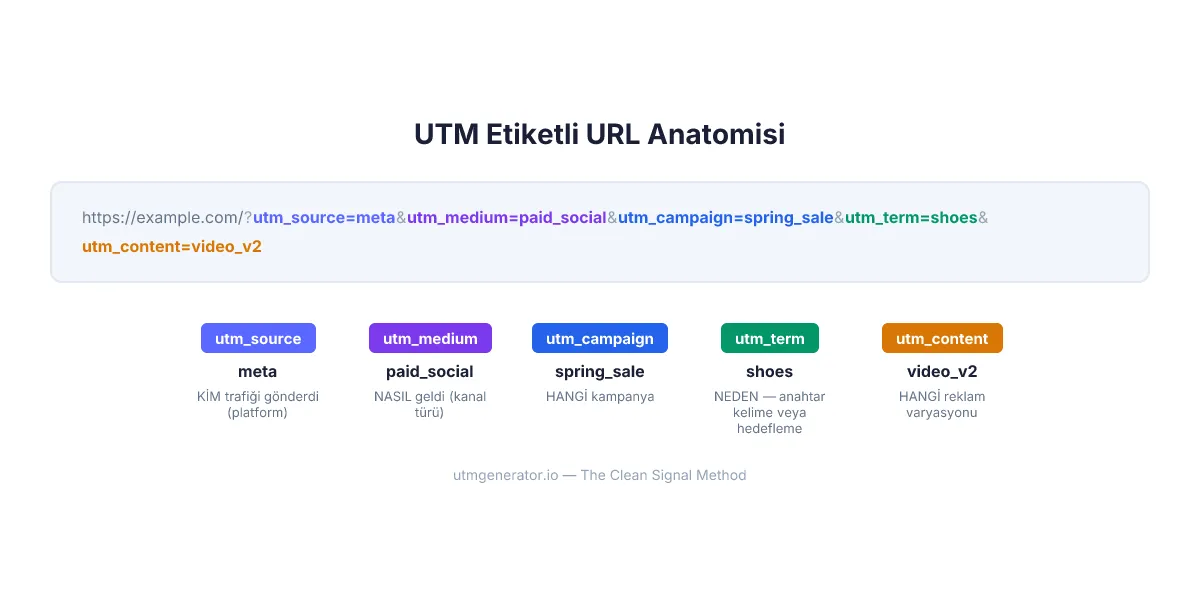 Beş parametrenin tamamını renk kodlu gösteren UTM etiketli URL anatomisi