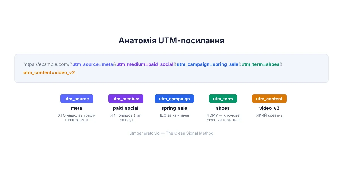 Анатомія URL з UTM-мітками, що показує всі п'ять параметрів із кольоровим кодуванням