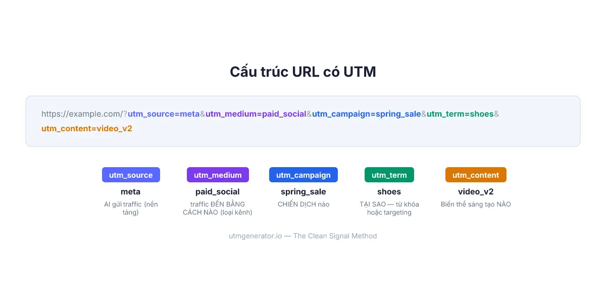UTM parameter anatomy: color-coded breakdown of utm_source, utm_medium, utm_campaign, utm_term, and utm_content in a URL