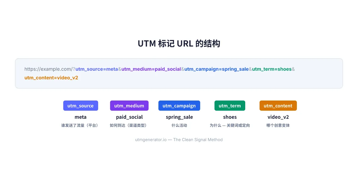展示五个UTM参数的UTM标记URL结构图,用颜色区分